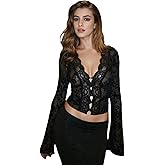Women's Sheer Mesh Leopard Print Crop Top T Shirt Sexy Lace Deep V Neck Blouse Long Flare Sleeve Slim Tee Shirt