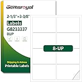 Gemsroyal 2-1/3”×3-3/8”Printable Name Tags Self Adhesive,2-1/3×3-3/8 White Matte Shipping Label Stickers for Laser/Inkjet Printer,Large Moving Sticker Paper,40 Sheets,320 Blank Labels in Total