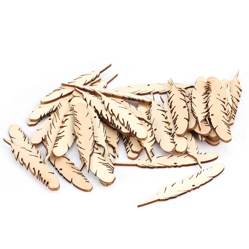 Natural Wooden Feather Shape Slices, 50 Pieces, Craft Embellishments for Scrapbooking, Card Making, Wedding Decorations