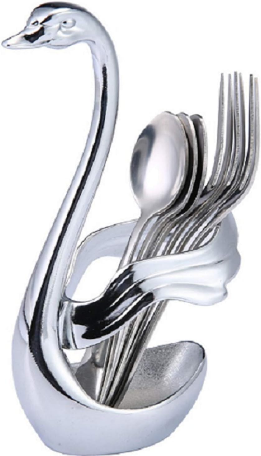 Swan Base Holder Fruit Forks Set Stainless Steel Salad Dessert Forks Spoon Coffee Cake Tools Tableware with 3 Forks & 3 ladles