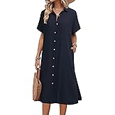 HOTOUCH Womens Dress Summer Casual Midi Short Sleeve Button Down Shirt Dresses Loose Beach Cover Up with Pockets