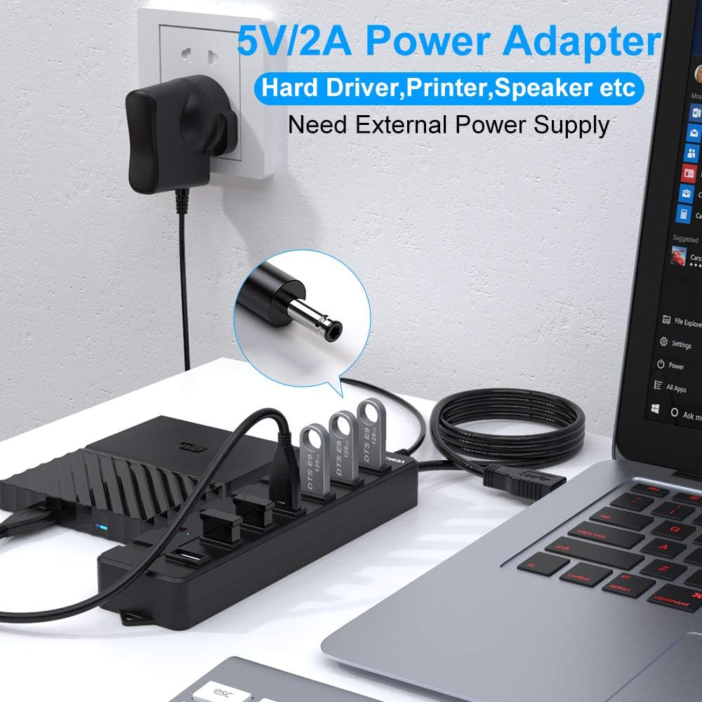 Powered USB Hub,VEMONT 7 ports SuperSpeed USB 3.0 Hub with Power Supply,USB Splitter Powered with Individual on/off LED Switches and 3.9ft/1.2m Long Cable for PC/Laptops/Ultrabooks/Desktops - Image 5