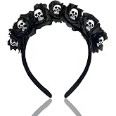 TOPDAOYUN Halloween Skull Headband, Day of the Dead Black Flower Crown Hair Accessories for Women Halloween Costume Cosplay Party
