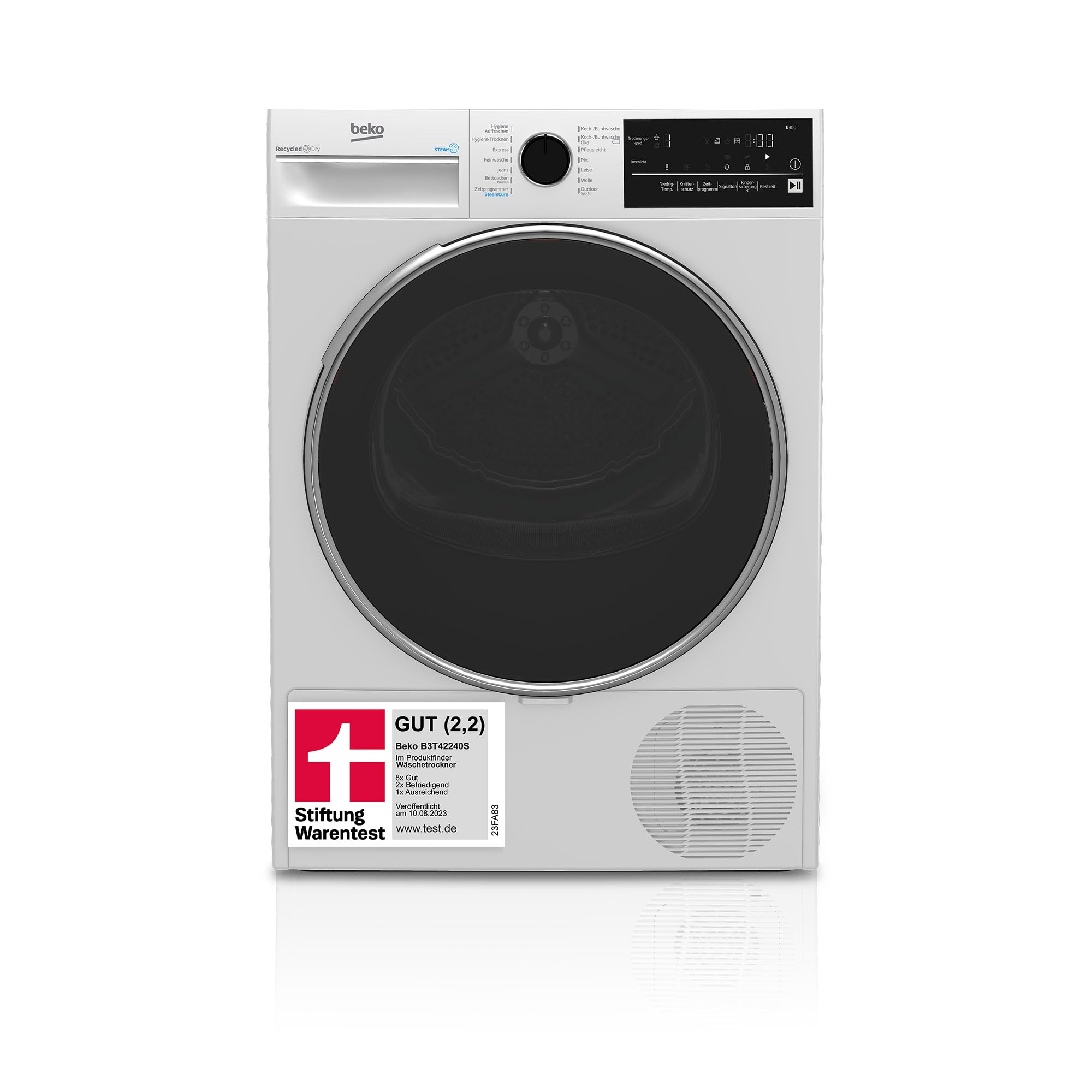 Beko B3T42240S b300 Wärmepumpentrockner, 8 kg, allergikergeeignet, Hygiene Trocknen & Hygiene Auffrischen, SteamCure - Dampffunktion, 14 Programme, Weiß