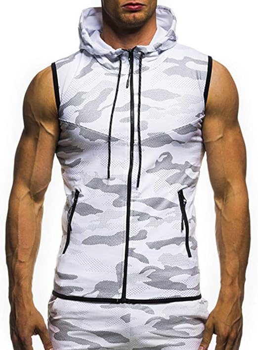 Viewk Men's Summer Casual Zipper Front Camouflage Print Hooded Sleeveless T-Shirt Top Vest 