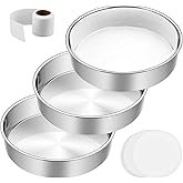 9½ Inch Cake Pan Set of 3, E-Far Stainless Steel Round Layer Cake Baking Pans with Parchment Rounds & Side Liner Roll, Non-Toxic & Healthy Metal Cakes Tin, Straight Side & Dishwasher Safe