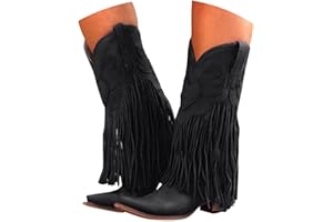 Bottes de cowboy à franges pour femme - Bottes mi-mollet confortables à bout pointu - Large largeur - Avec fermeture éclair