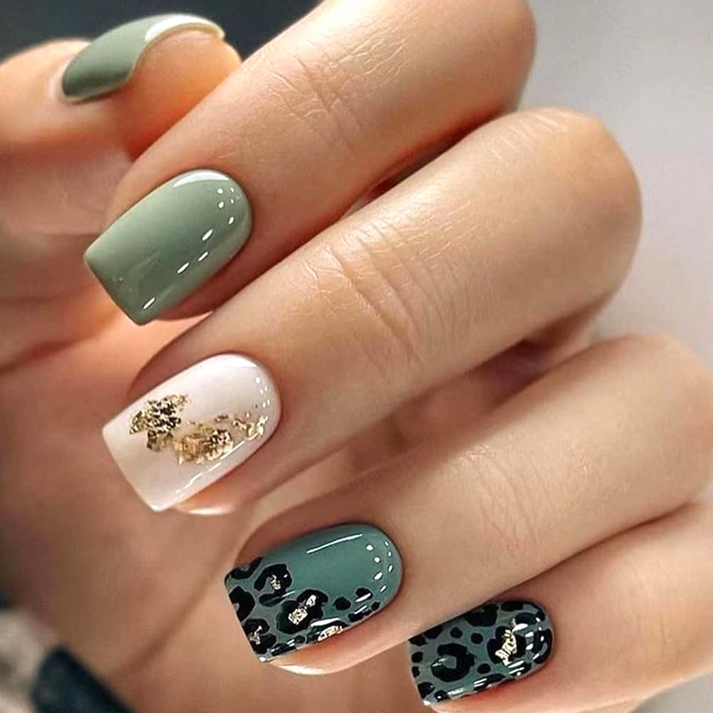 Photo 1 of WAFOLOZE Press On Nails Short?Acrylic Nails Press on ?Short Square Press on Nails Fake Nails Glossy Green False Nails with Leopard Print Gold Foil Press ons Designs Stick on Nails for Women 24Pcs