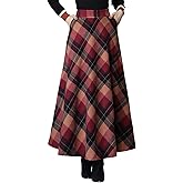 BETYFUL Women Long Plaid Skirt,2025 Fall Winter Warm Wool Plaid Maxi Skirt with Pockets,Elastic Waist A Line Tartan Skirts Red