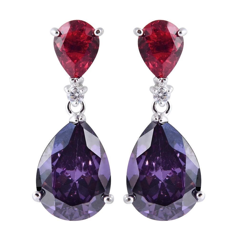 [RIZILIA CELEBOX] Teardrop Dangle Pierced Earrings with Pear Cut Gemstones CZ [Red Ruby & Purple Amethyst] in 18K White Gold Plated, Celebrity inspired by Angelina Jolie