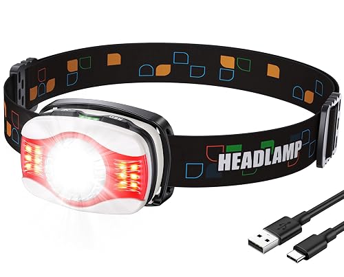 Glangeh Head Torch Rechargeable, Ultra Bright LED Headlamp with Red Warning Lights, 6 Lighting Modes, 45° Adjustable Running Head Torch, Lightweight Waterproof Headlight for Camping Running Fishing