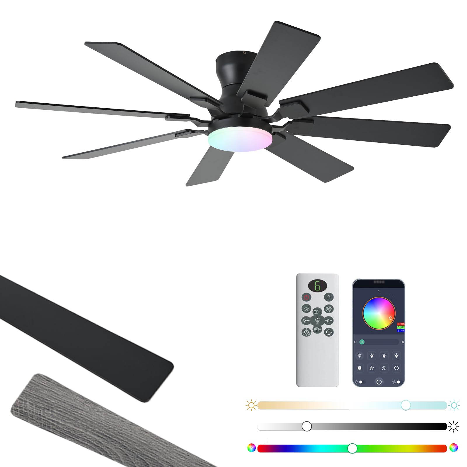 Photo 1 of JSAITEE 52 inch Ceiling Fan with Light, 6 Speeds Reversible Low Profile Ceiling Fan with Light and Remote/APP Control, 3 Color Temp+Dimmable RGB, 8 Blades, Flush Mount Quiet Ceiling Fans, Black