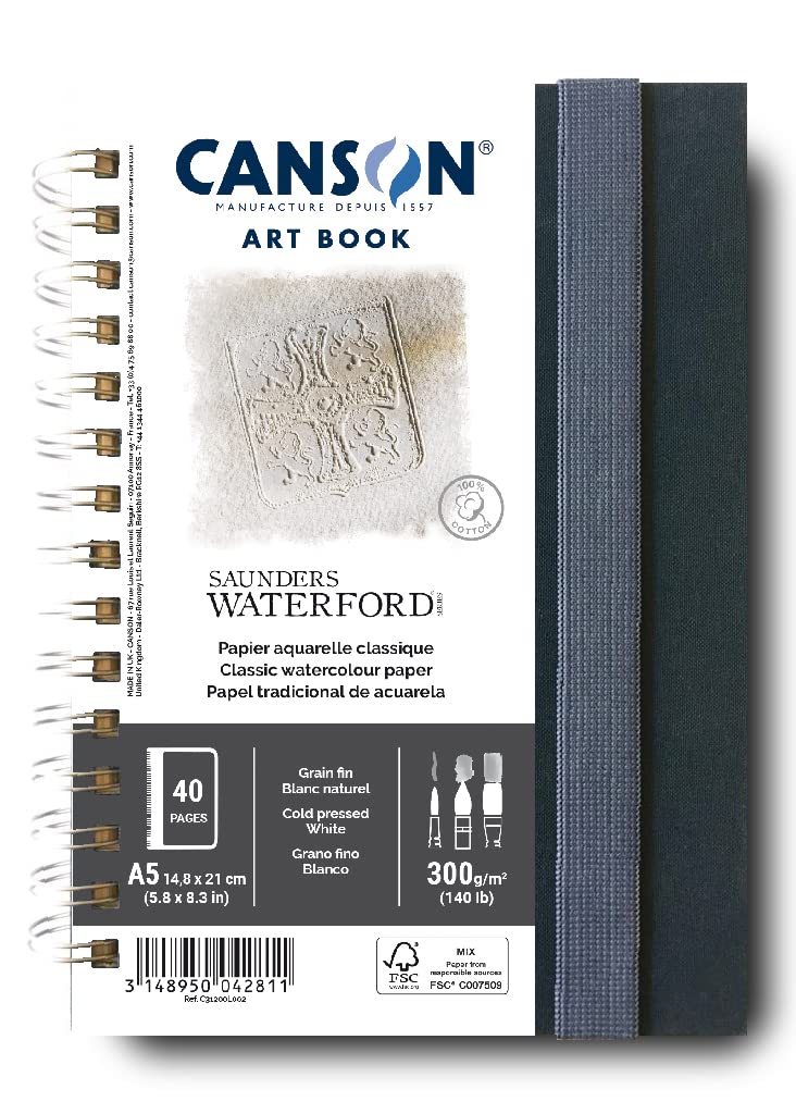 CANSON Professional Art Book, Fine Grain Watercolour Saunders Waterford Paper, 300gsm, A5 Spiral Portrait Notebook, 20 White Sheets, For Professional Artists & Students