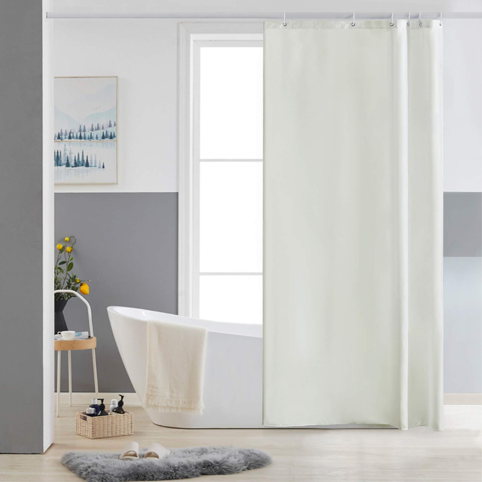 Furlinic Beige Shower Curtain Mould Proof Resistantand Waterproof Washable Polyester Fabric Bath Curtains with Weight Tape 6 Hooks for Wetroom 33x72 Inch.