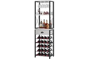 Homeiju Wine Rack Freestanding Floor, Bar Cabinet for Liquor and Glasses, 4-Tier bar Cabinet with Tabletop, Glass Holder, Storage Drawer and Wine Storage for Living Room, Home Bar(Patent No.D29872845)