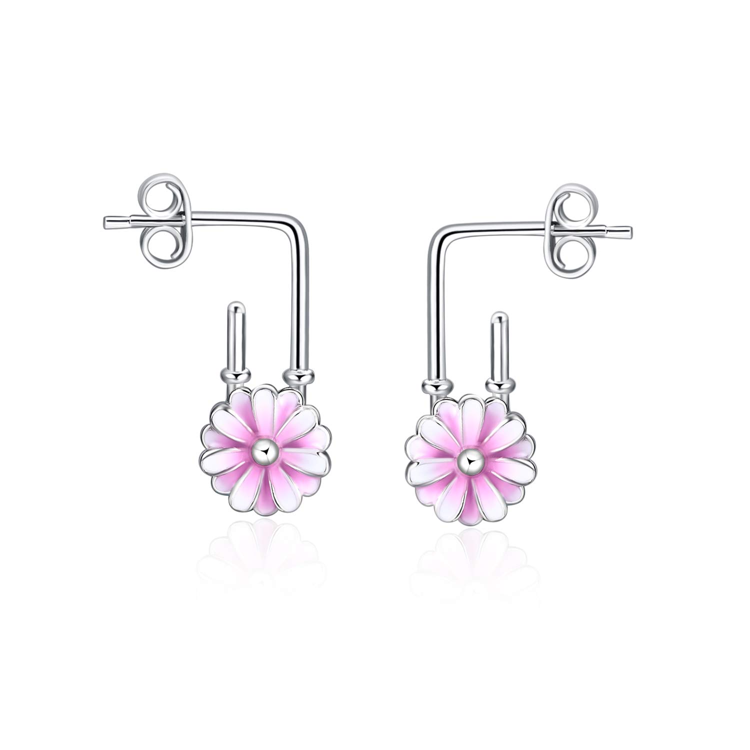 YFN Daisy Earrings Sterling Silver Pink Flower Earrings Paper Clip Flower Stud Earrings for Women Girls