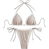 MakeMeChic Women's Plaid Bikini Set Halter Tie Back String Swimsuit 2 Piece Bathing Suit