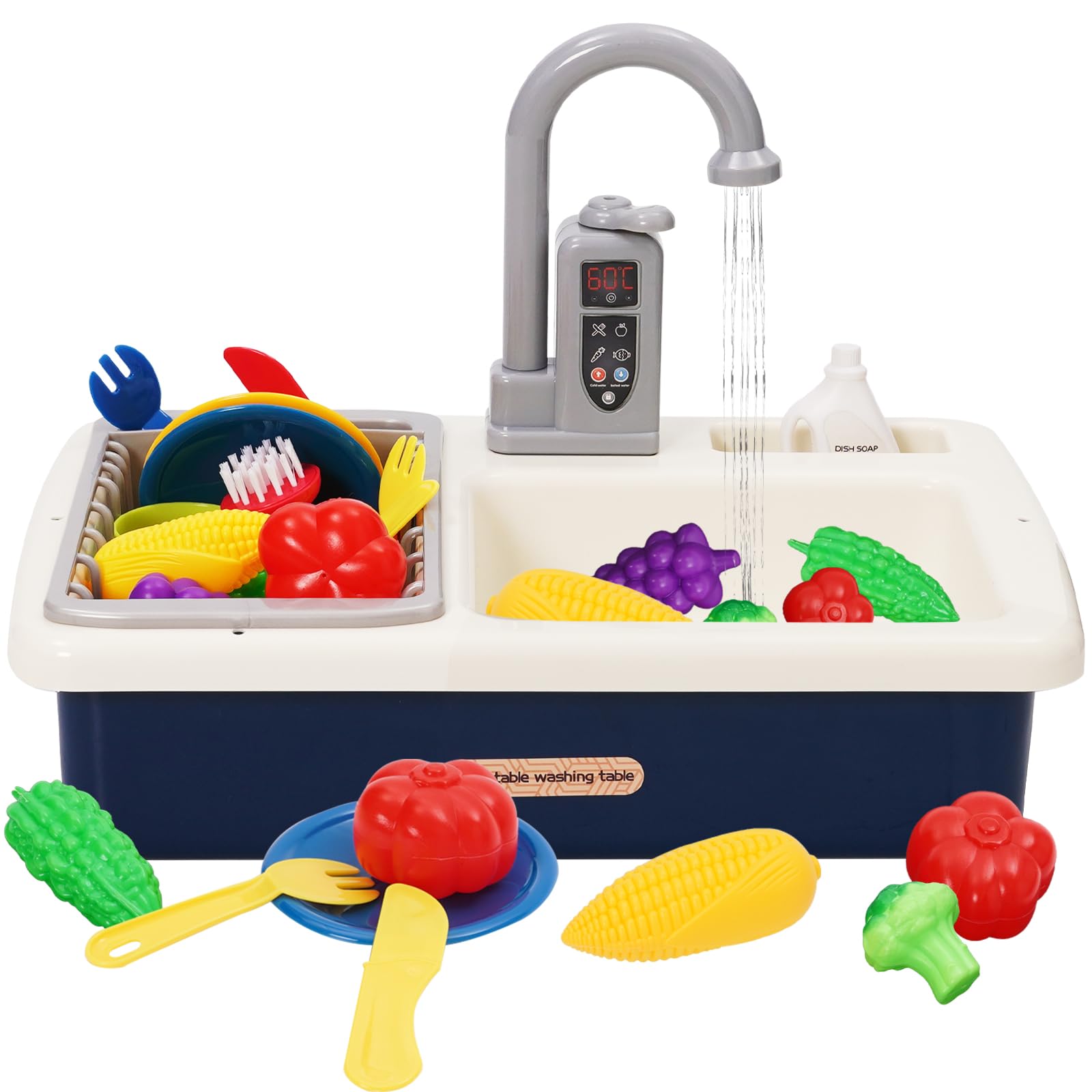 Toddler Play Sink with Running Water,Pretend Role Play Kitchen Toys for Kids with Accessories Vegetable Fruit,Electric Dishwasher with Automatic Water Cycle System,Water Play Gifts For Boys Girls,Blue