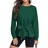 ATOFY Women's Long Sleeves Shirt Tops Crew Neck Tie Knot Sweatshirt Tops Casual Fall Loose Fit Cropped Top Pullover