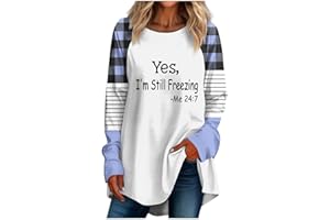 Binmer Yes,I'm Freezing Me 24:7 Funny Pullover Tops Person Cold Weather Shirt Plus Size Women Stripe Plaid Long Sleeve Blouse
