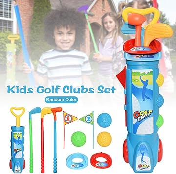 11 Piezas Juego Club Golf para Niños - 1 Carrito Golf con Ruedas, 3 Palos Golf Colores,