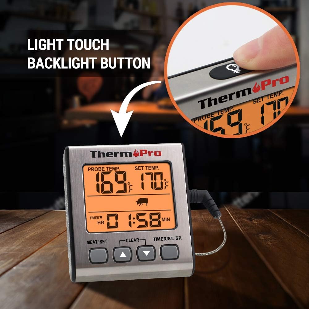 ThermoPro TP-16S Digital Meat Thermometer Smoker Candy Food BBQ Cooking Thermometer for Grilling Oven Deep Fry with Smart Kitchen Timer Mode and Backlight: Kitchen & Dining