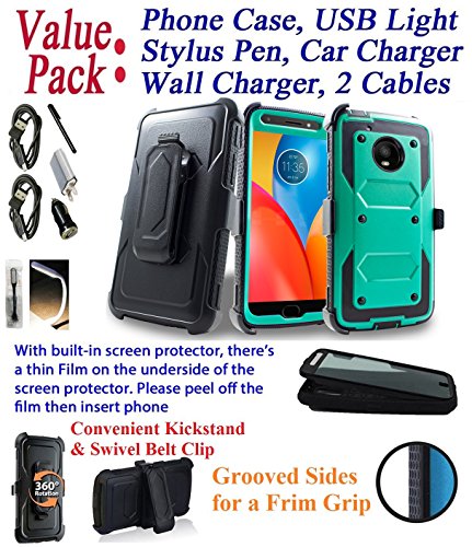 Value Pack Cables + for 5" Motorola MOTO E4 motoe4 case Phone Case 360° Cover Screen Protector Clip Holster Kick Stand Armor Shock Bumper (Teal) - Thumbnail 4