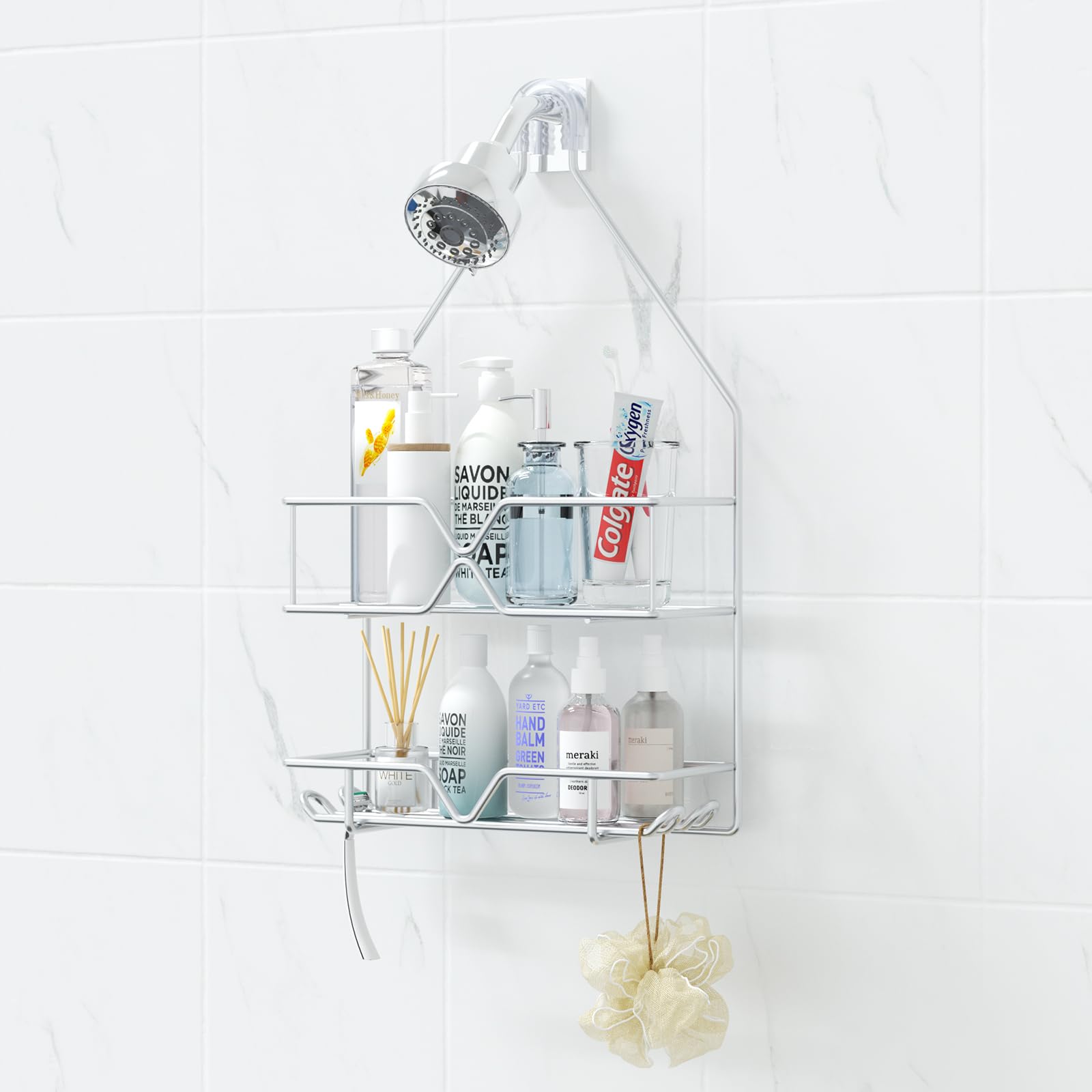 TreeLen Rustproof Shower Caddy, Hanging, Stainless Steel, 4 Hooks, 2 Shelves, Non-Slip