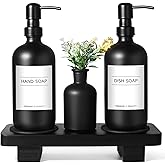 Dish Soap Dispenser for Kitchen, Black Hand Soap Dispenser with Stainless Steel Pump, Kitchen Soap Dispenser Set with Wood Riser Tray, Matte Black Bathroom Soap Dispenser Set Bathroom Decor