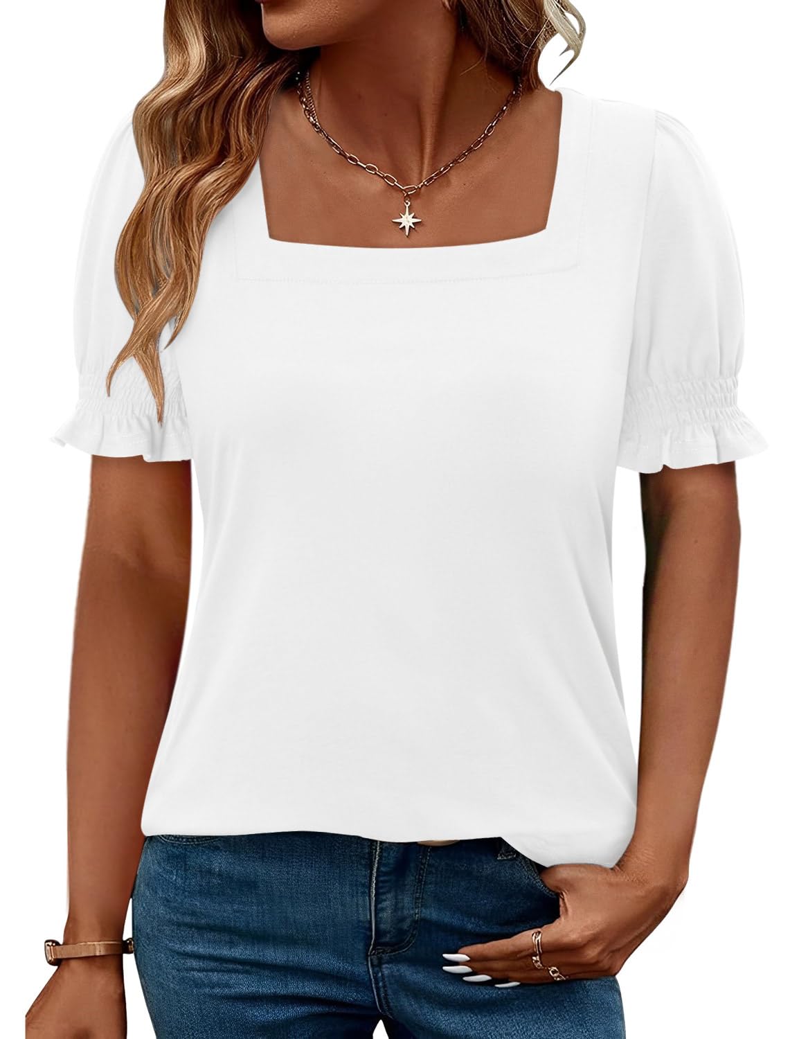 Photo 1 of CRAZY GRID Womens Short Sleeve Tops Puff Summer Shirts Square Neck Dressy Casual Blouses Trendy Loose Tunic Ladies Spring Tshirts Plus Size White XXL