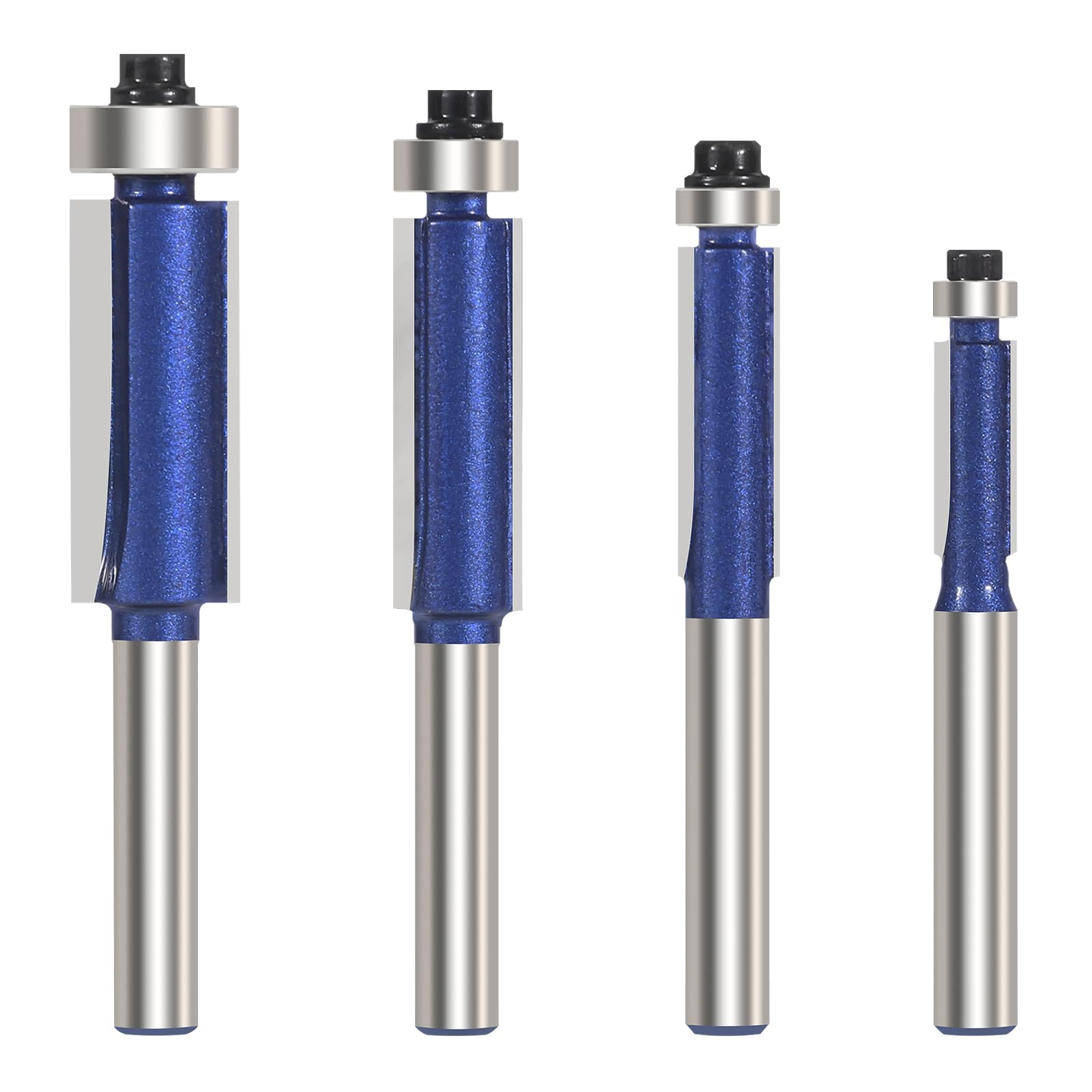 Vearter Straight Flush Trim Router Bit Set 1/4 Inch Shank 4PCS, Top Bearing Guide Woodworking Milling Cutter Tool for Wood Trimming, Template Work - 6.35mm, 8mm, 9.5mm, 12.7mm Cutting Dia
