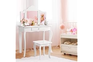 Costzon Kids Wooden Vanity Table & Stool Set, 2 in 1 Detachable Design with Dressing Table and Writing Desk, Princess Makeup Dressing Table with Two 180° Folding Mirror, for Girls, Kids (White)