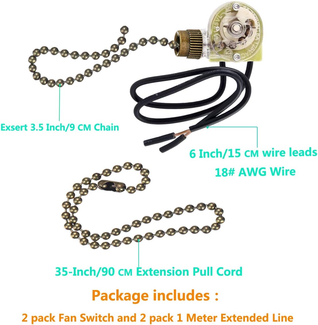 2 Pack Fan-Light Switch & Pull Chain, Electrical Pull Chain Switch, ON-Off, 6 A/125V AC, 6 inch Wire Terminal (Antique Brass Pull Chain) - - 