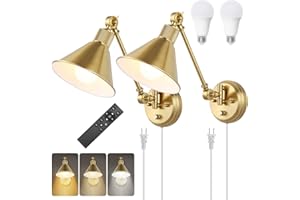 TRLIFE Dimmable Wall Sconce with Remote Control, Brushed Brass Plug in Wall Sconces Adjustable Color Temperature 2700K-6000K, Swing Arm Wall Lights with Plug in Cord, UL Listed(2 Pack, 2 Bulbs)