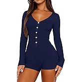 LEEDYA Women's Long Sleeve V Neck Rompers Sexy Fall Y2k One Piece Shorts Jumpsuit Bodycon Pajama Set Gym Bodysuit