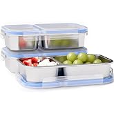 TotTree 3 Pack Stainless Steel Snack Containers, 2 Compartment Metal Snack Box Container with Lid, Reusable Lunch Food Storage Container