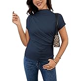 SweatyRocks Women's Casual Short Sleeve Mock Neck Tee Top Asymmetric Ruched Plain T Shirt