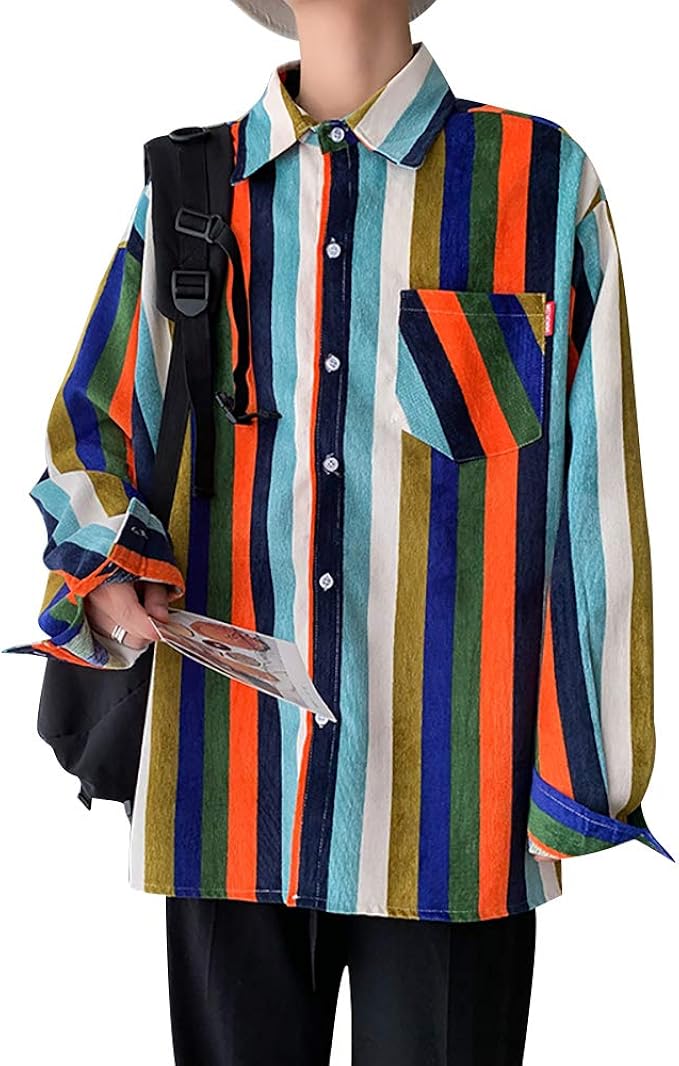 Yacoresya 夜行列車 メンズ シャツ 長袖 ストライプ柄 レトロ 柄