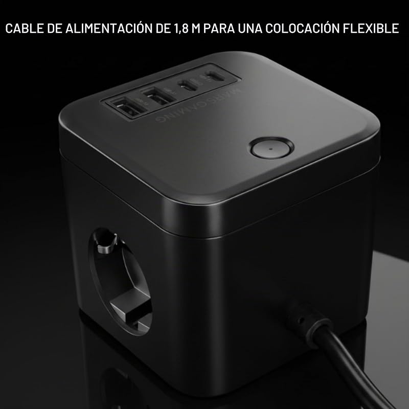 MD-CUBE35, Powercube Multifunção Compacto, 3 Soquetes SCHUKO + 2 USB-C + 2 USB-A, Carregamento Rápido PD 35W, Tecnologia GAN, Cabo 1,8m, Botão ON/Desliga e Indicador LED, 9 Proteções, Preto