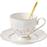 TATSUMI Interglio Embossed Bone China Tea Cup and Saucer Set, 3 Pieces Vintage Style Coffee Cup & Saucer Set For Women Wedding Gift (Starlight Pink, 1 set)