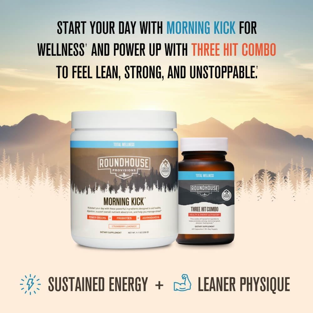 ROUNDHOUSE PROVISION Morning Kick, Zero Sugar Greens Superfood Powder Supplement with Ashwaganda, Collagen, Probiotics, Debloat Drink, 30 Servings (Strawberry Lemonade) by Chuck Norris