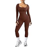 Popilush Jumpsuits for Women Long Sleeve Built-In Bra Square Neck Full Length Leggings Bodycon Stretch Workout Outfits