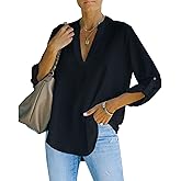 AISEW Womens Casual V Neck Shirts Cuffed Sleeves Chiffon Blouses Loose Solid Henley Work Tops