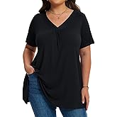 LARACE Plus Size Tops for Women Short Sleeve Women's V Neck Pleated Tunics Dressy T-Shirts Summer Clothes Loose Fit Blouses