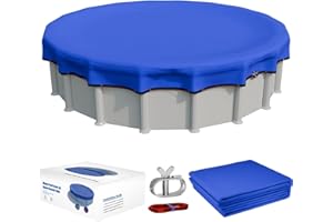 JTW P JTW PRODUCT [Upgraded] 18ft/21ft/24ft/28ft Round Winter Pool Covers for Above Ground Pool Cover 18FT Cover 4FT Overlap - 500D Windproof with Steel Cable & Heavy Duty Winch - Swimming Pool Winter Cover Blue