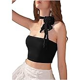 Milumia Women's 3D Floral Mesh Halter Crop Top Y2k Strapless Slim Fitted Bandeau Tops