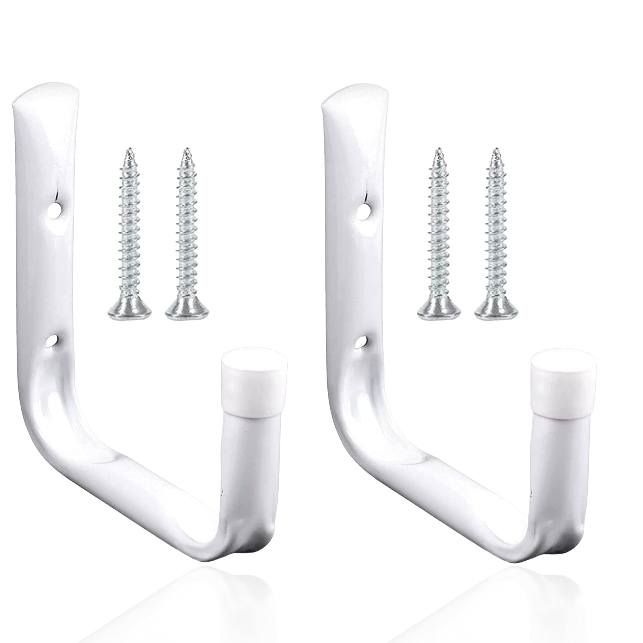 SR ESSENTIALS 2-Pack Wall Mounted Garage Hooks – Heavy Duty Universal Storage Hangers for Bikes, Tools, Ladders, Garden Equipment & Folding Chairs – White Steel Utility Wall Rack with Safety Caps