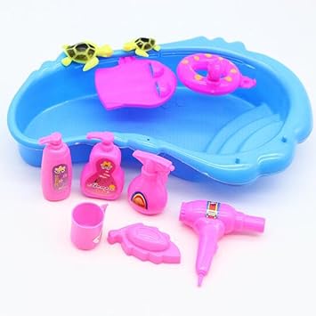 Leoie 11 Pcs Bath Supplies for Barbie Doll Bathing Pool Hair Drier Soap Set Pretend Play Toy Random Color