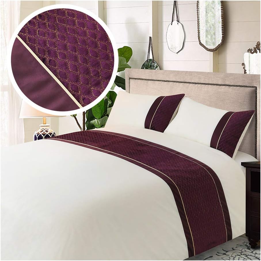 Eleanor Fashion Home Double Duvet Cover Double, with 2 Pillowcases, Stylish Embroidered Cozy Quilt Bedding Set Polyester Cotton, Bedlinen (Plum)