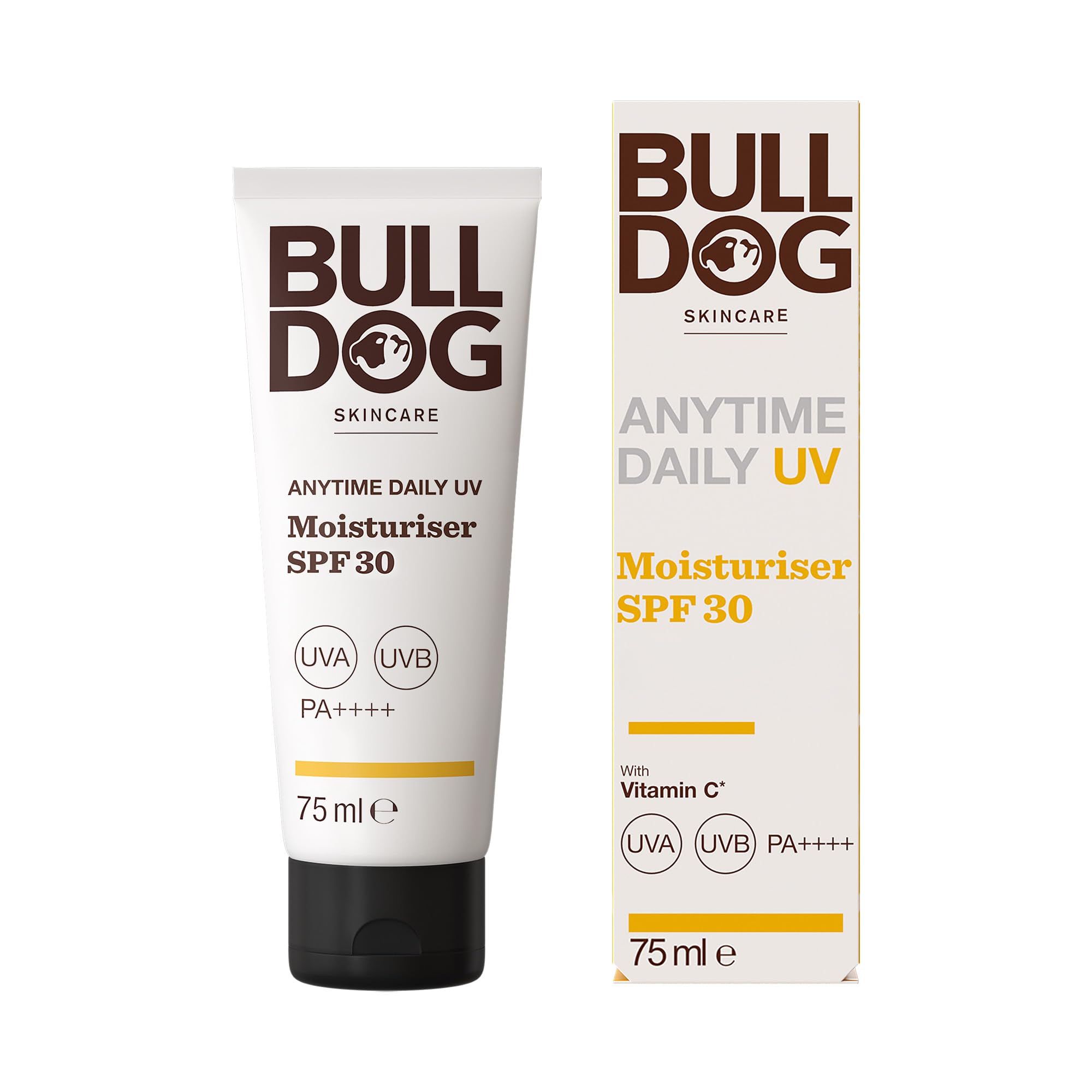 BULLDOG SKINCARE Anytime Daily UV Moisturiser SPF 30 For Men 75 ml, Safflower Seed Extract, Protects & Hydrates Skin, Suitable For All Skins